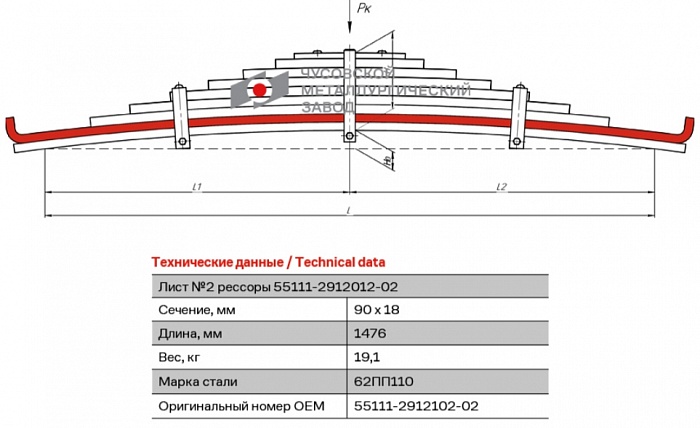 Лист подкоренной рессорный №2 для автомобилей производства ПАО "Камаз" 43118, 53215, 5350, 53501, 53504, 54115, 55111, 6350, 63501 задний