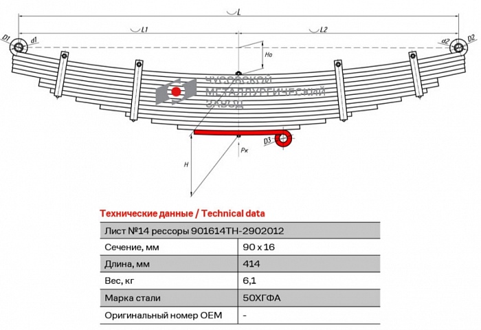 Передний рессорный лист Тонар 901614TH