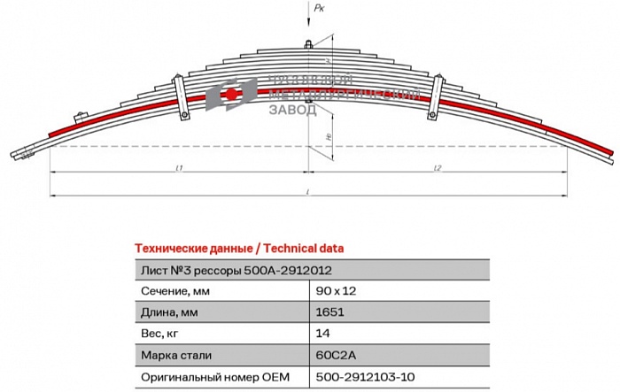 Задний рессорный лист №3 МАЗ 5335, 5430, 53352, 5428, 5429, 5334, 504В, 5549