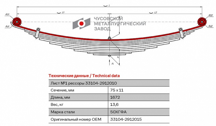 Задний коренной рессорный лист №1 ГАЗ 33104 Валдай