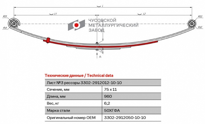 Задний рессорный лист №3 Газ 2705, 32213, 33021 с хомутом