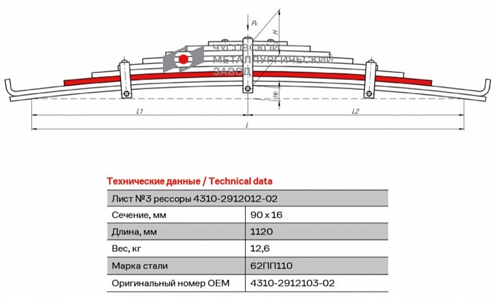 Задний рессорный лист №3 для автомобилей производства ПАО "Камаз" 43101, 43106, 43114, 5320, 5410, 55102, 53205